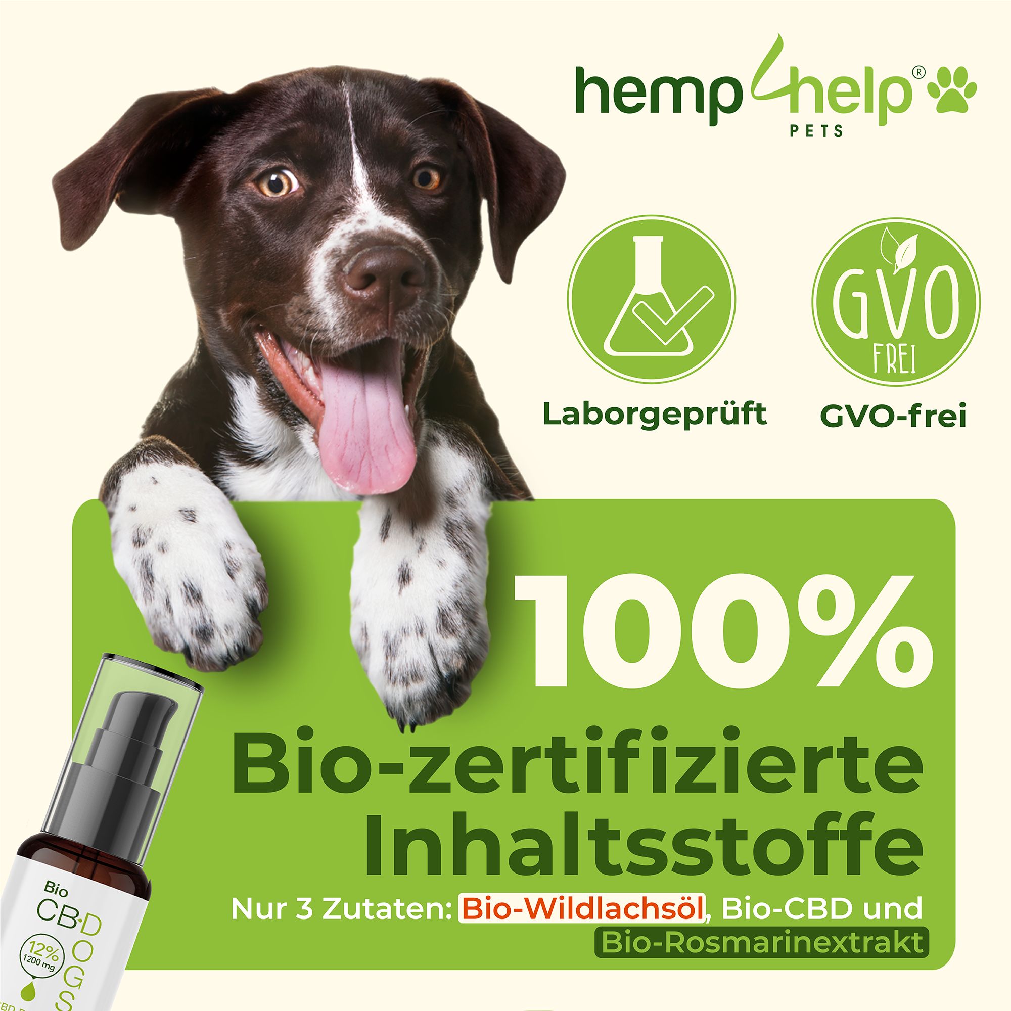 Hond met labels: Laboratorium getest, GGO-vrij. CBD-oliefles. Tekst: 100% biologisch gecertificeerde ingrediënten. Logo: hemp4help PETS.