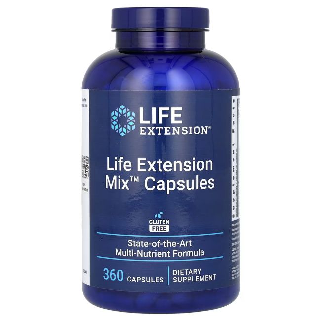 Flacon bleu de gélules blanches. Étiquette avec nom du produit et logo: Life Extension Mix Capsules. 360 gélules.