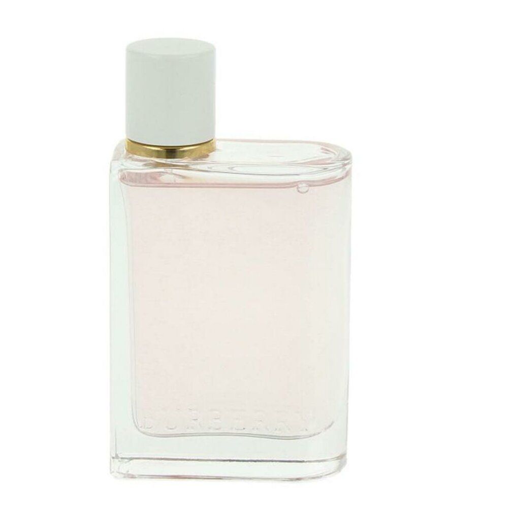 Flacon de parfum avec bouchon blanc et anneau doré. Liquide rose dans un récipient en verre carré.