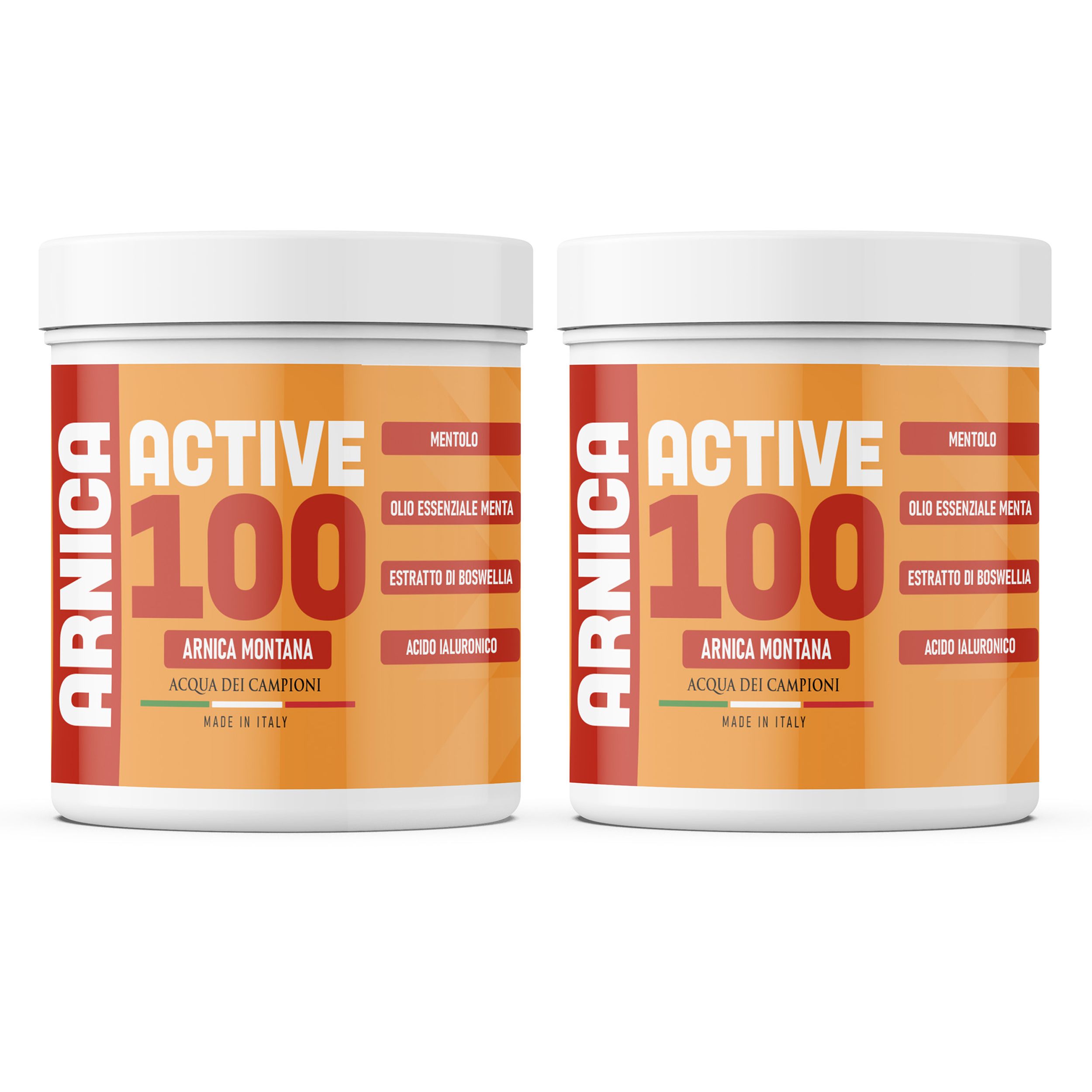 Twee witte potten met oranje etiketten. Opschriften: ARNICA, ACTIVE 100, ARNICA MONTANA, ACQUA DEI CAMPIONI. Extra ingrediënten.