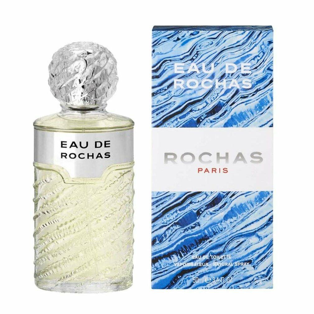 Flacon Eau de Rochas et emballage. Flacon avec col et bouchon argentés. Emballage bleu à motif vagues.