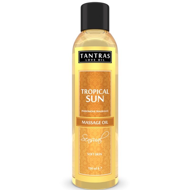 Flacon avec bouchon noir. Étiquette "Tantras Love Oil", "Tropical Sun" et "Massage Oil".