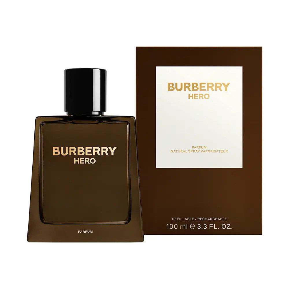 Bruine parfumfles met zwarte dop en verpakking. Opschrift: BURBERRY HERO. Verpakking met wit veld.