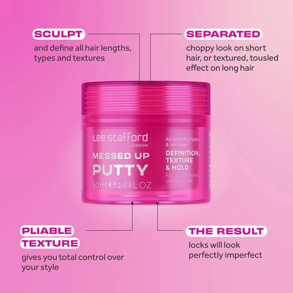Roze pot "Messed Up Putty" van Lee Stafford. Tekst: Definitie, textuur & hold. Labels: Sculpt, Separated, Pliable Texture.