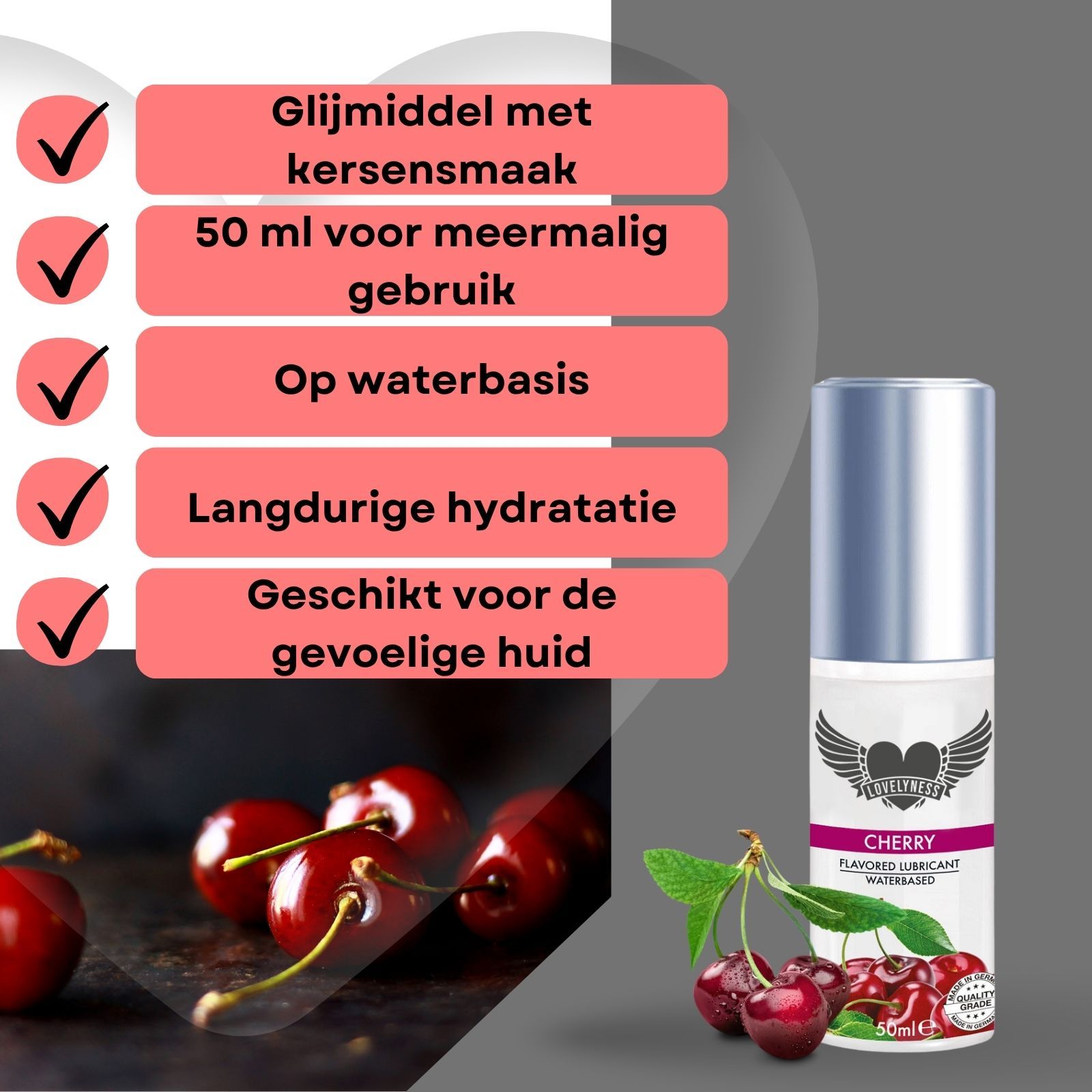 Glijmiddel fles met kersensmaak. Kers afgebeeld. Tekst: Glijmiddel met kersensmaak, 50 ml, op waterbasis, langdurige hydratatie.