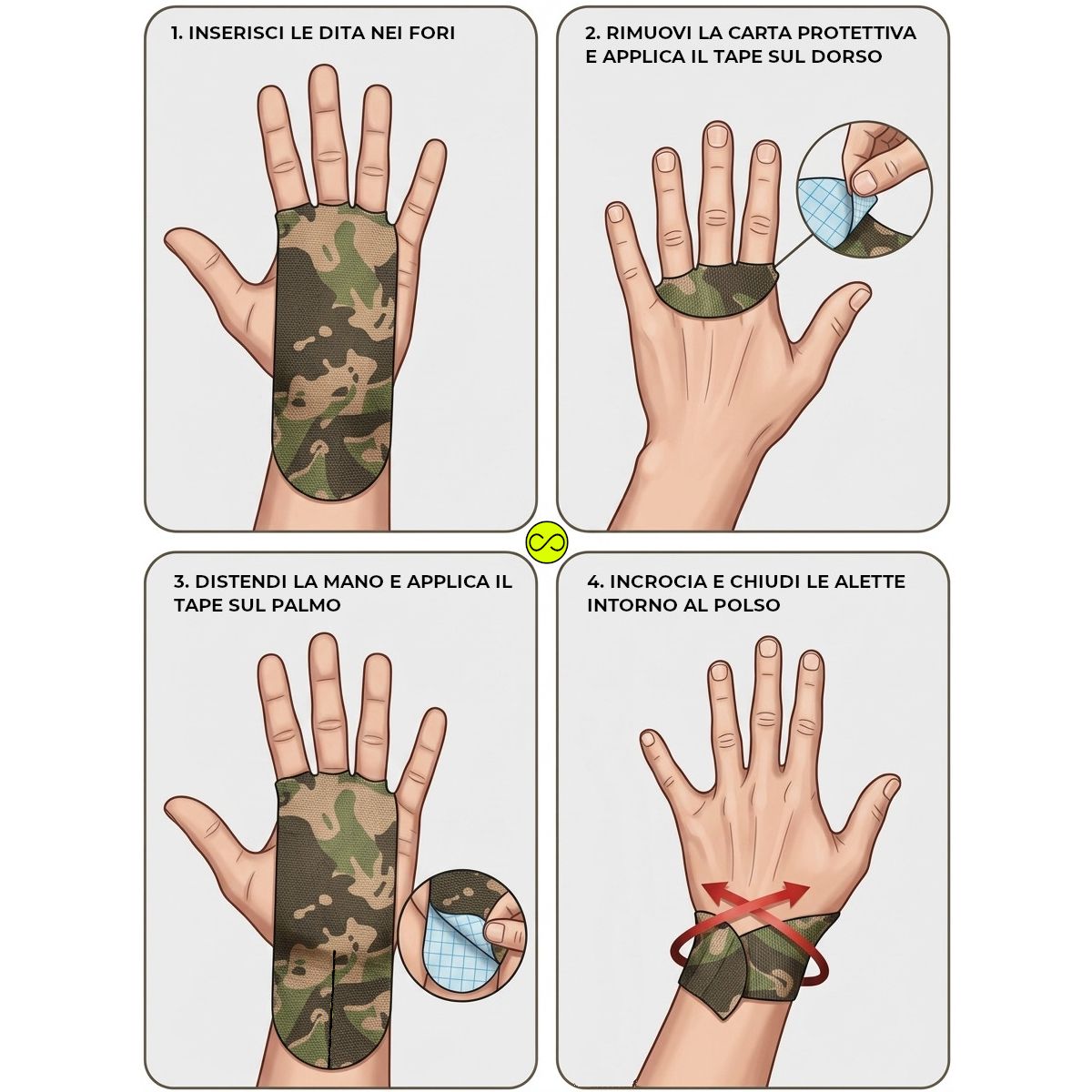 Homme avec les deux mains protégées par des bandes adhésives camouflage.