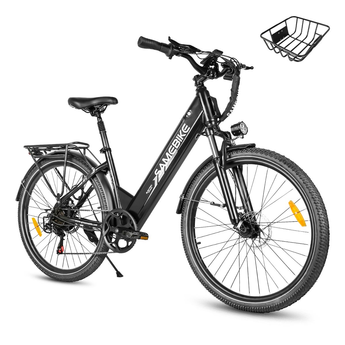 Zwarte SAMEBIKE RS-A01 Pro-T e-bike met mand. Bagagedrager, spatborden, koplamp en achterlicht.
