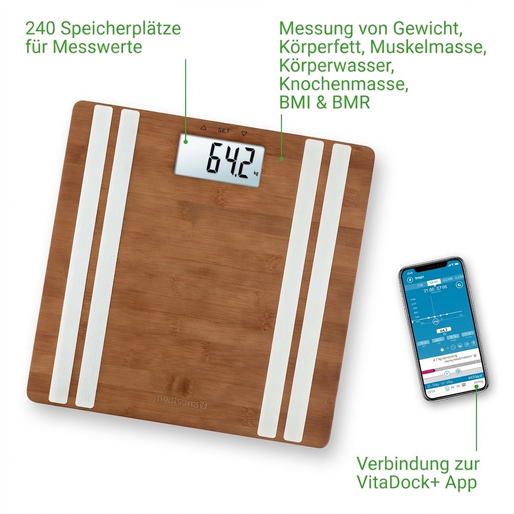 Lichaamsanalyse weegschaal van bamboe met display, smartphone app en geheugenruimte info.