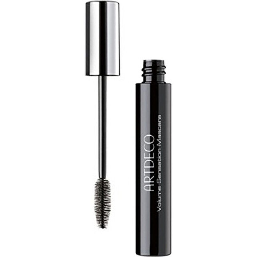 Tube de mascara noir Artdeco Volume Sensation avec bouchon argenté et brosse. Bouchon et brosse séparés.