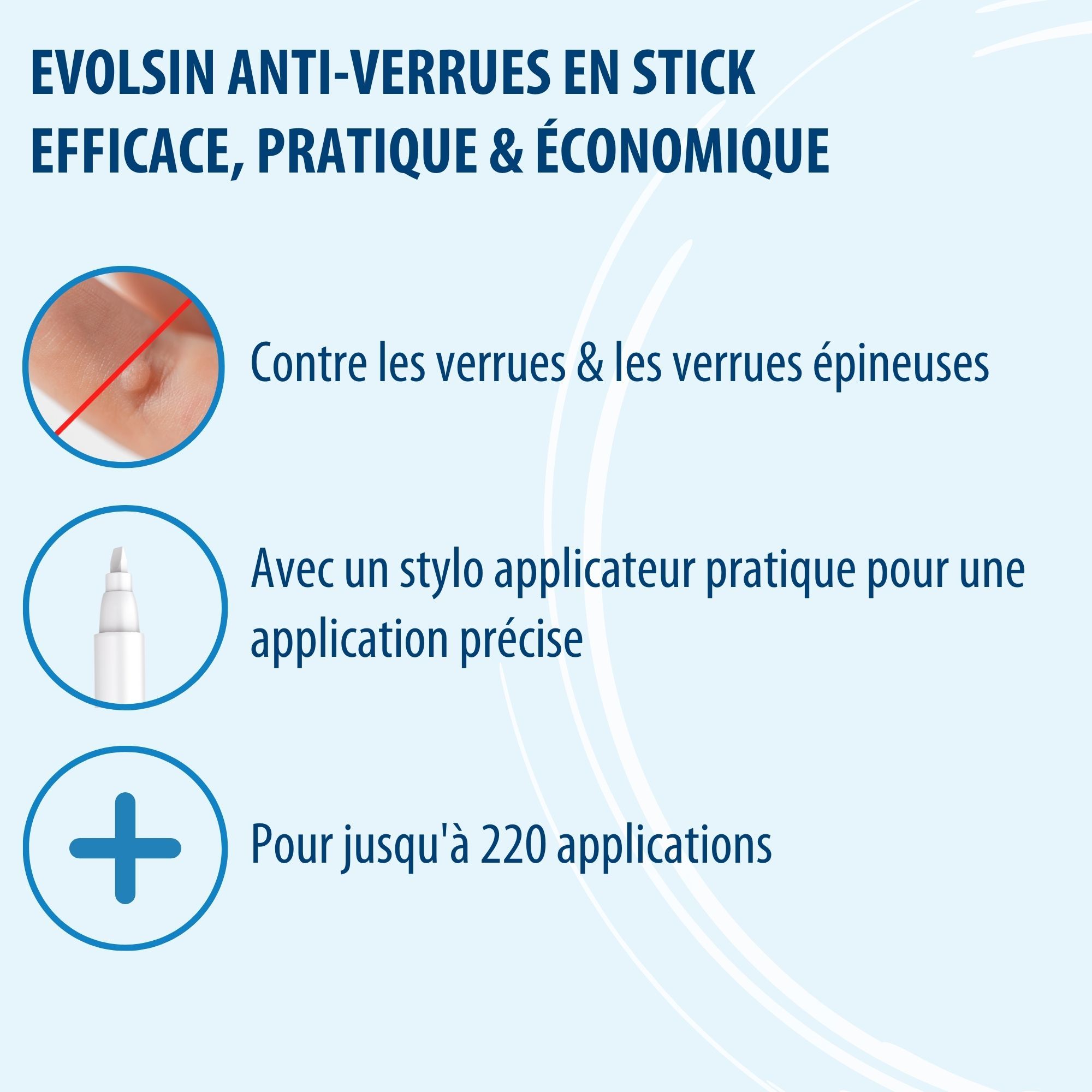 Produit : Evolsin spray cryothérapie verrues. Flacon spray, bouchon bleu, coussinets bleus et emballage.