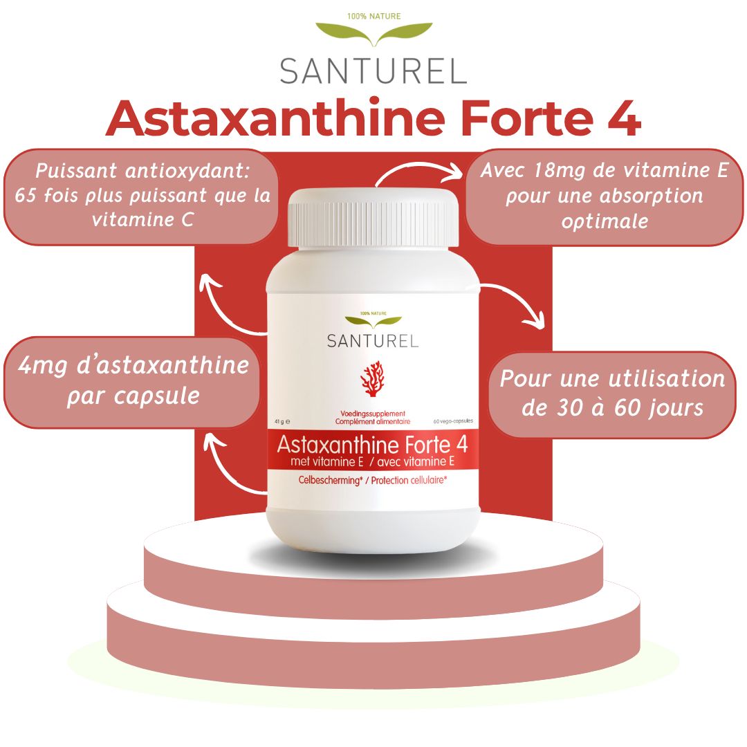 Flacon Santurel Astaxanthine Forte 4 mg sur socle. Texte : 4 mg astaxanthine, 18mg vitamine E.