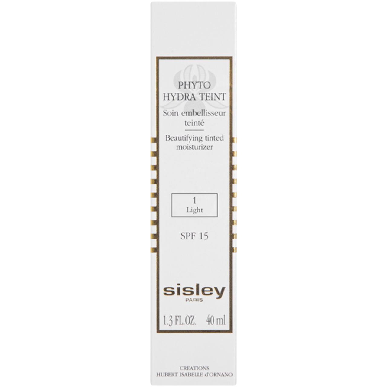 Boîte blanche Sisley Phyto Hydra Teint 1. Hydratant teinté beige. SPF 15. Emballage du produit.