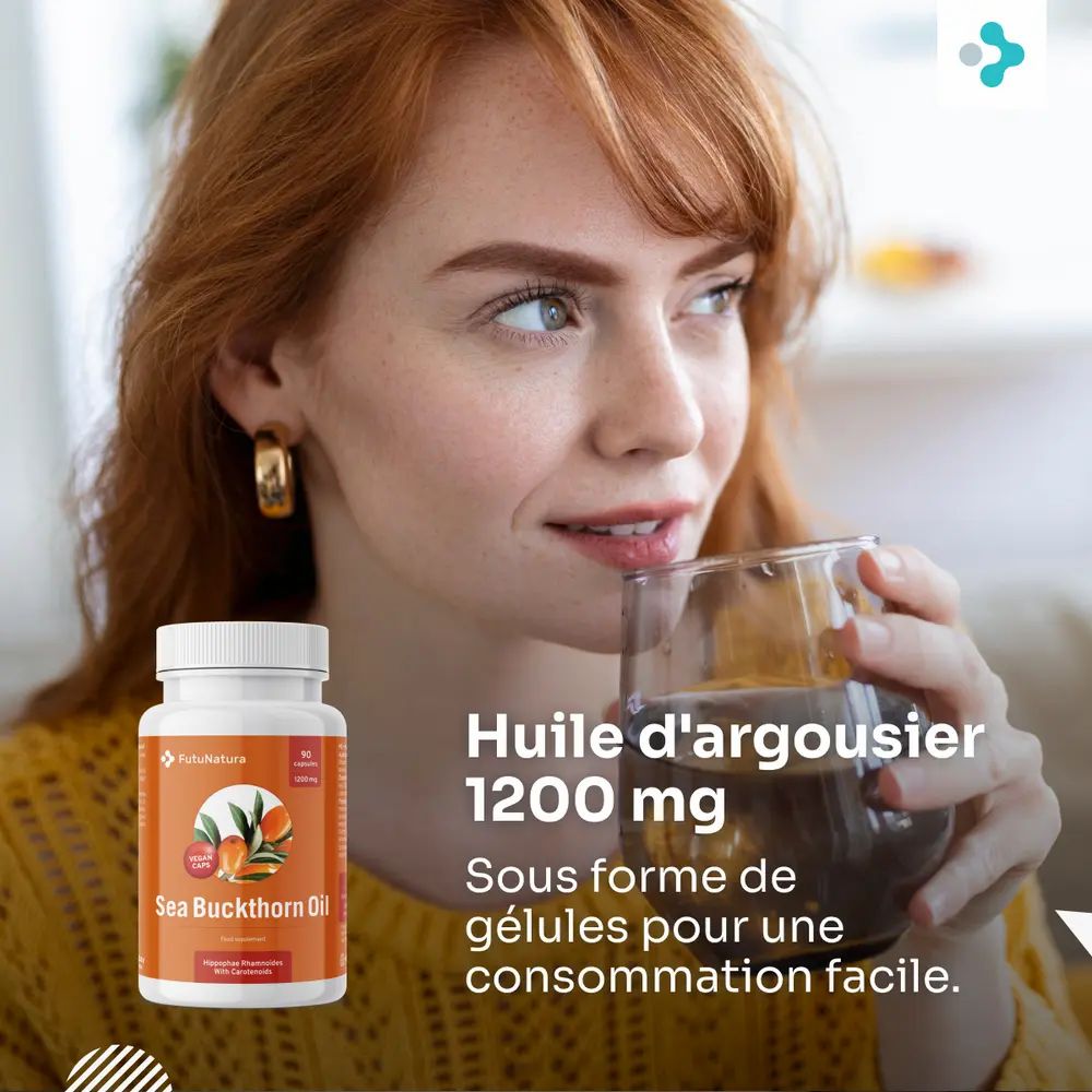 Femme buvant dans un verre. À côté, flacon de gélules. Texte : Huile d'argousier 1200 mg.