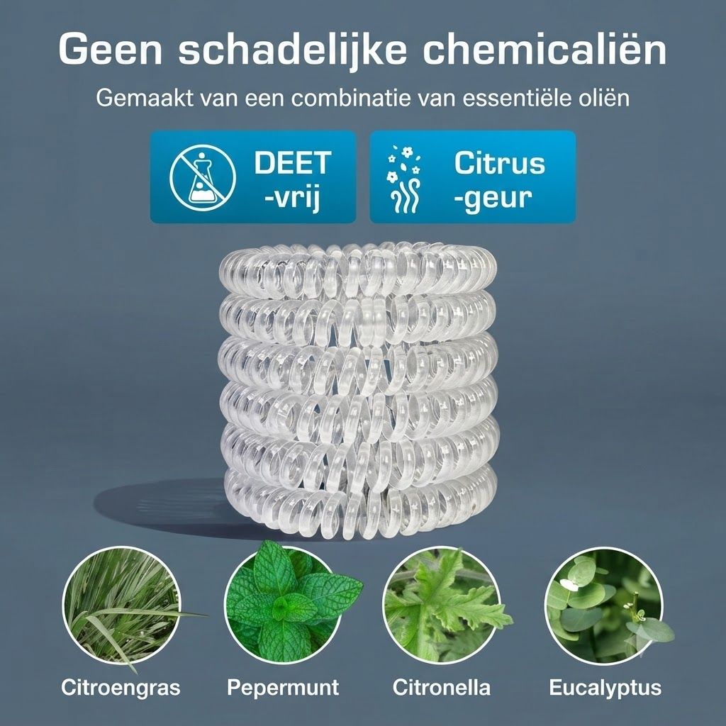 Stapel doorzichtige spiraalarmbanden. DEET-vrij, citrusgeur. Bevat citroengras, pepermunt, citronella, eucalyptus.