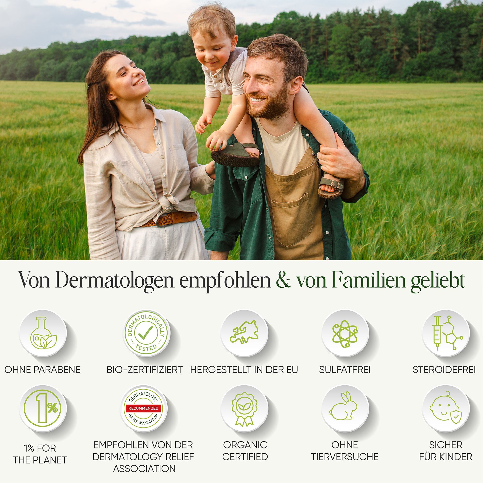 Familie buiten, met iconen: 1% for the Planet, Dermatologisch getest, Biologisch gecertificeerd, Veilig voor kinderen.