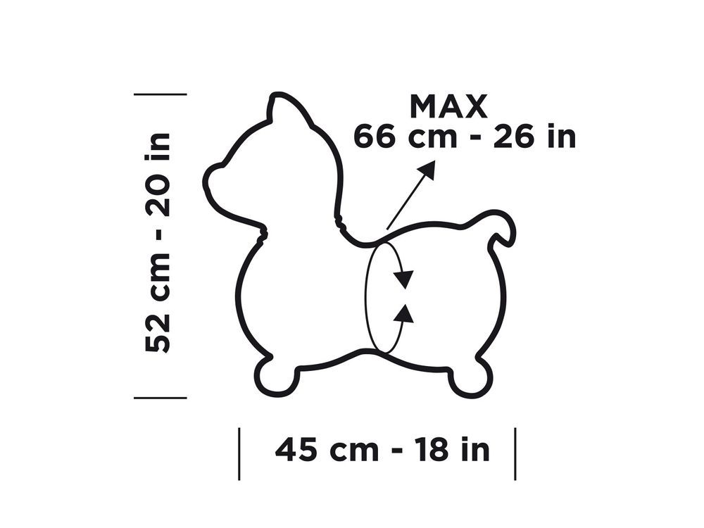 Omtrek tekening van een Gymnic KODY. Afmetingen: 52 cm hoog, 45 cm breed, max. 66 cm.
