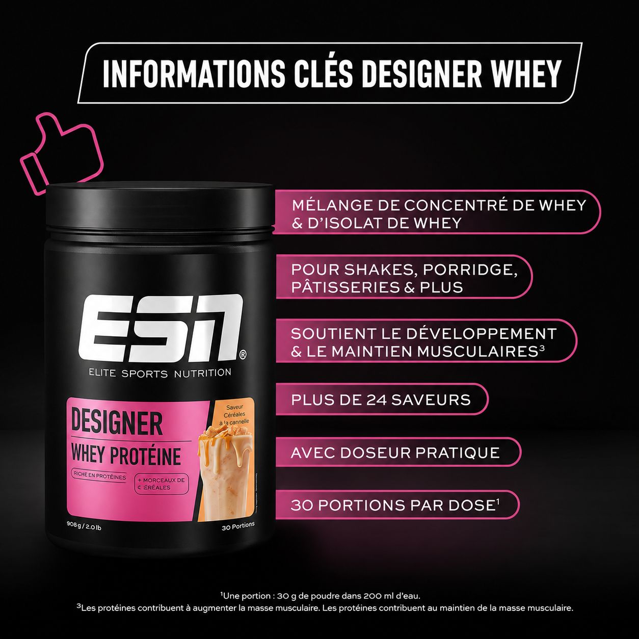 Récipient noir avec inscription "ESI Elite Sports Nutrition Designer Whey Protein". Informations sur les ingrédients, les saveurs et la taille des portions.