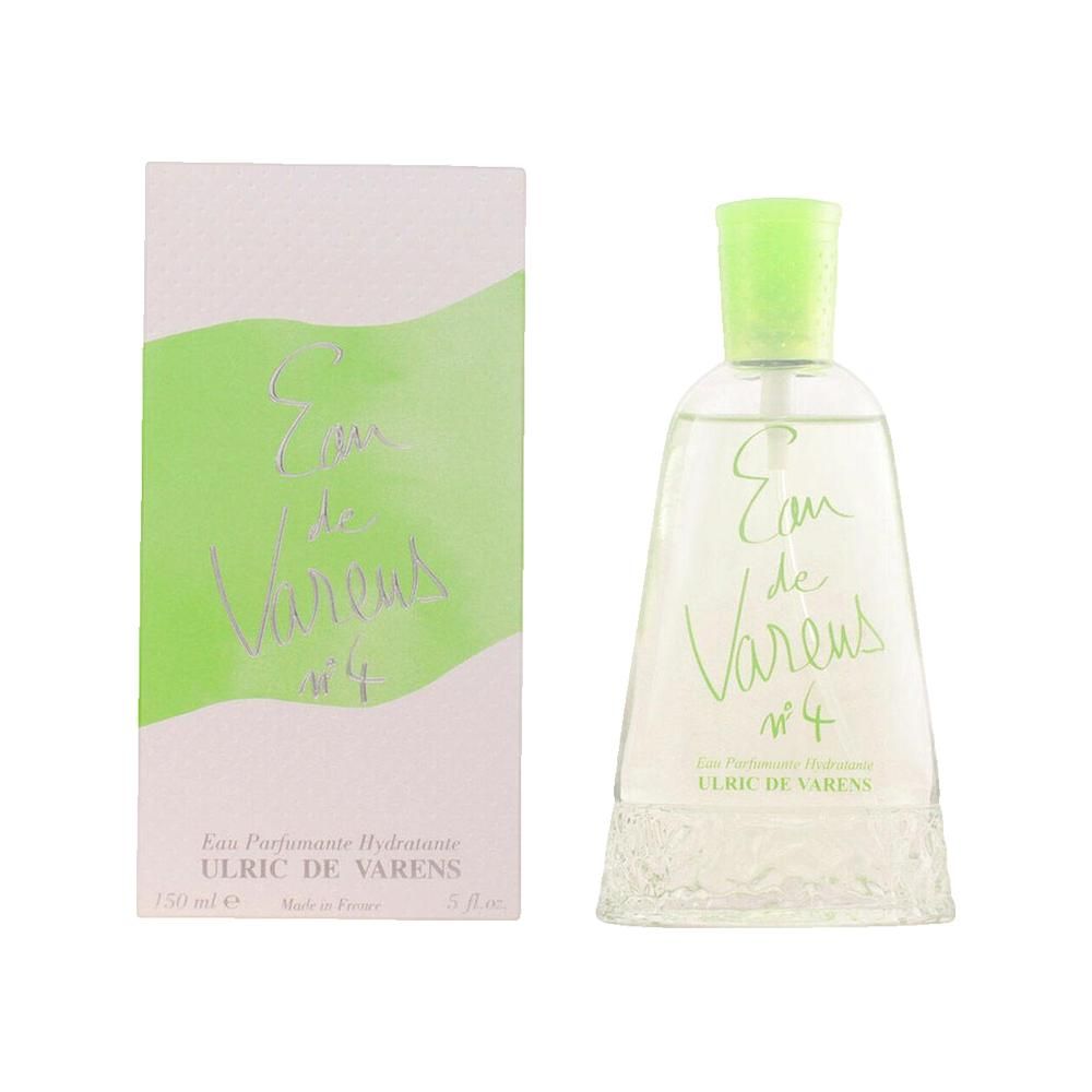 Flacon et emballage Eau de Varens N°4. Flacon avec bouchon vert, lettrage. Emballage avec bande verte et lettrage.