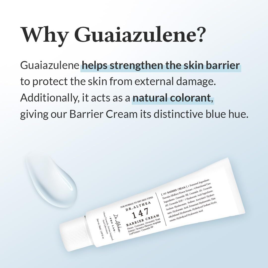 Tube de produit avec ingrédients. Texte: Pourquoi le guaiazulène? Renforce la barrière cutanée. Colorant naturel.