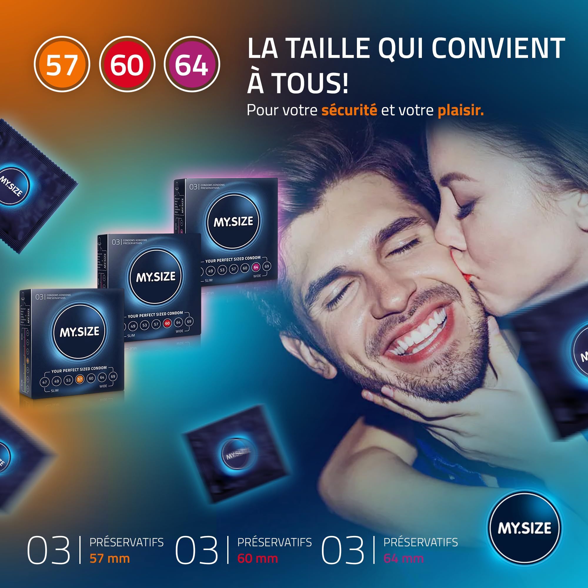 Couple s'embrassant, entouré d'emballages de préservatifs MY.SIZE et d'indications de taille.