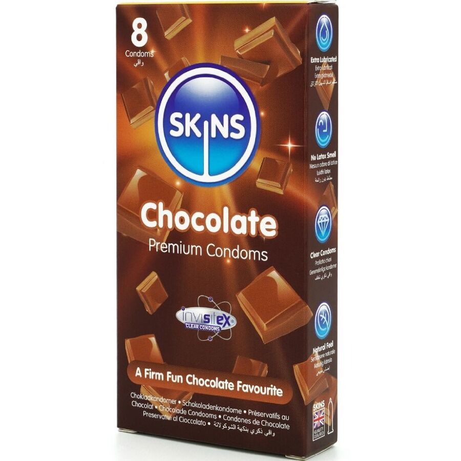 Verpakking met 8 Skins Chocolate condooms. Chocolade design. Tekst: Premium Condoms, A Firm Fun Chocolate Favourite. Arabische tekst.