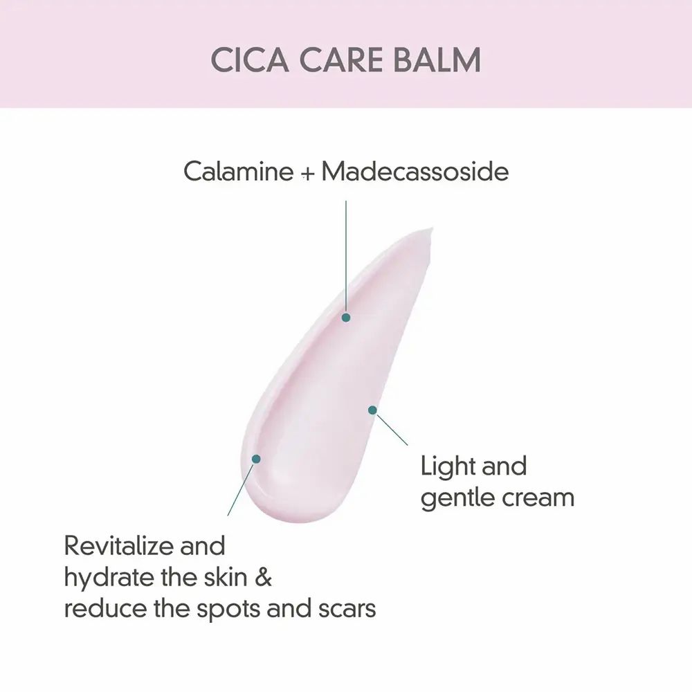 Productmonster op witte achtergrond. Opschrift: Cica Care Balm. Tekst: Calamine + Madecassoside. Tekst: Revitaliseert en hydrateert de huid.