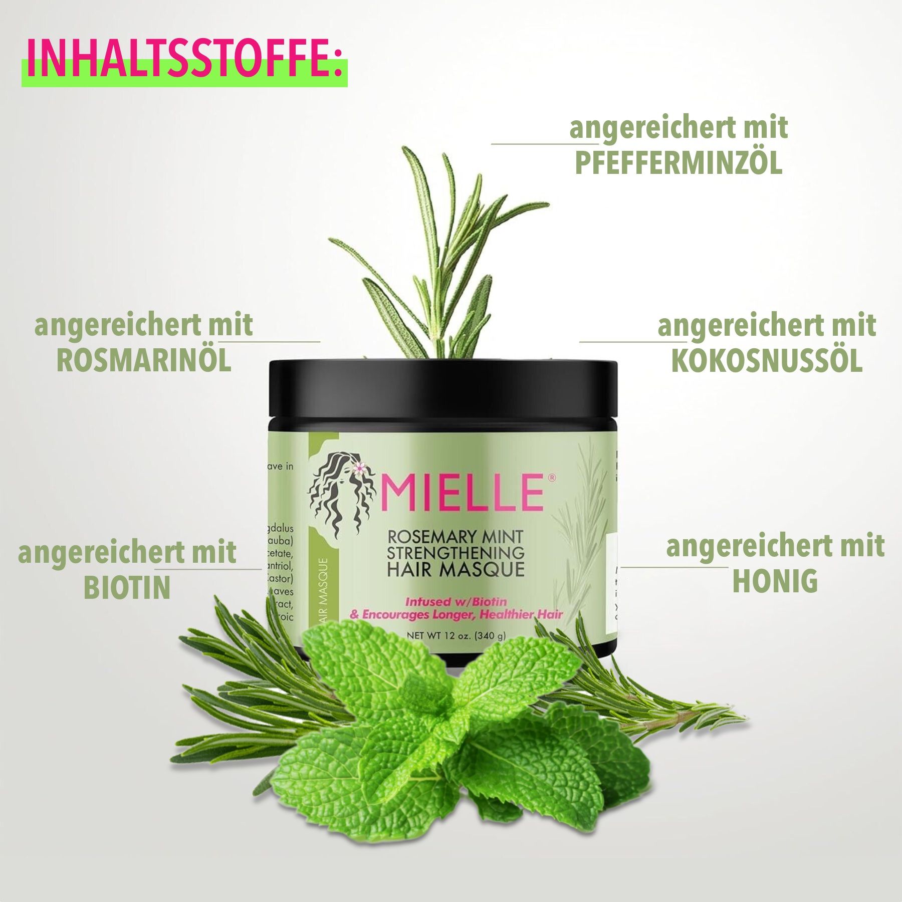 Masque capillaire Mielle Organics avec illustrations d'ingrédients. Romarin, menthe, huile de coco, miel et biotine.