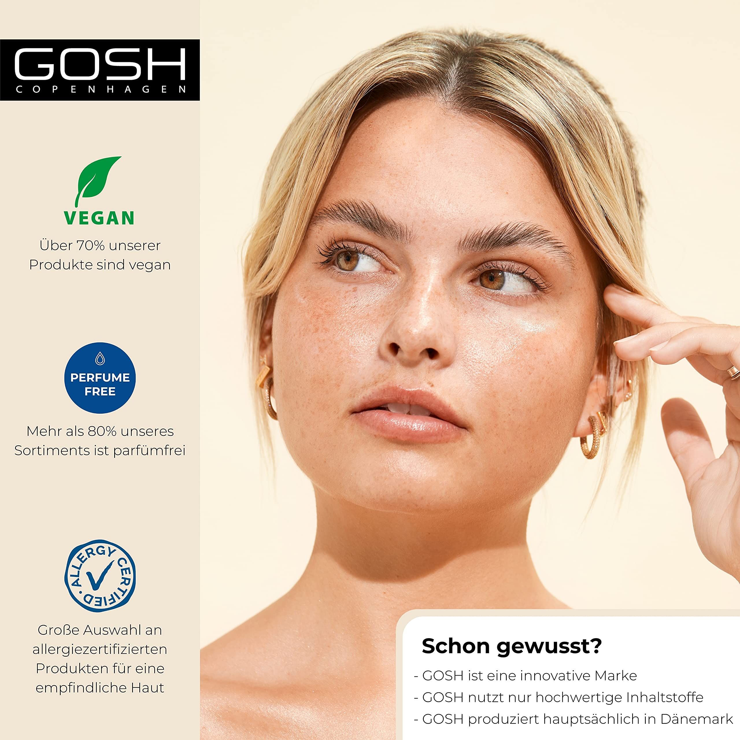 Portrait d'une femme aux cheveux blonds. Texte avec des informations sur Gosh : vegan, sans parfum, testé contre les allergies.