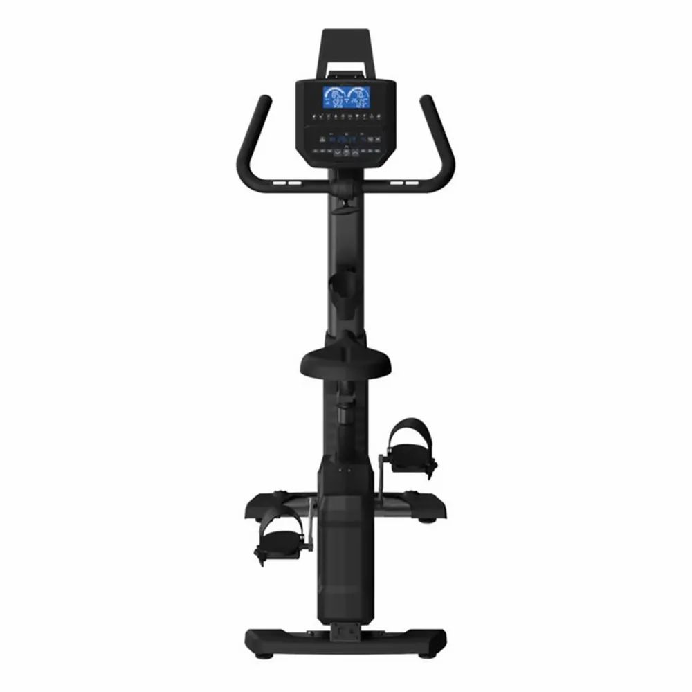 Ergomètre Horizon Fitness 5.0Ui noir, vue de face. Avec pédales, selle, écran et poignées.