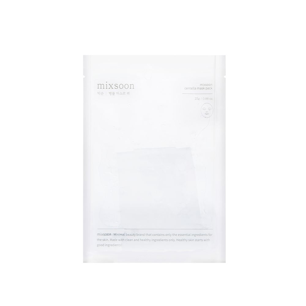 Emballage Mixsoon Centella Mask Pack. Sachet blanc rectangulaire avec nom et texte du produit. Inscriptions en plusieurs langues.