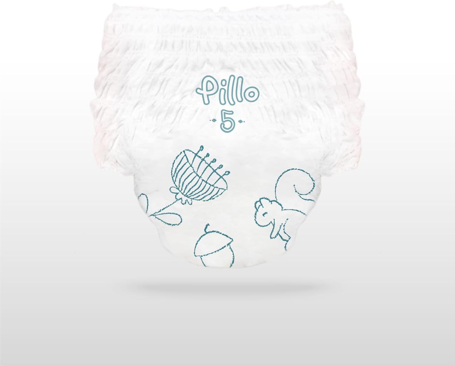 Pillo Pants, maat 5. Witte luier met bloemen- en eekhoornmotieven. Elastische tailleband.