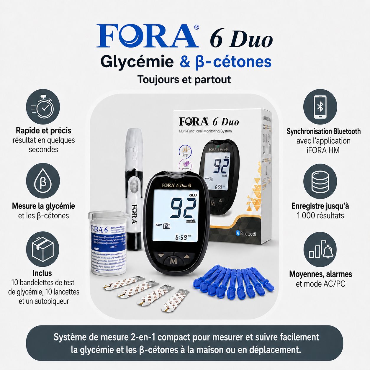 Appareil FORA 6 Duo pour mesure glycémie et cétones, avec accessoires.