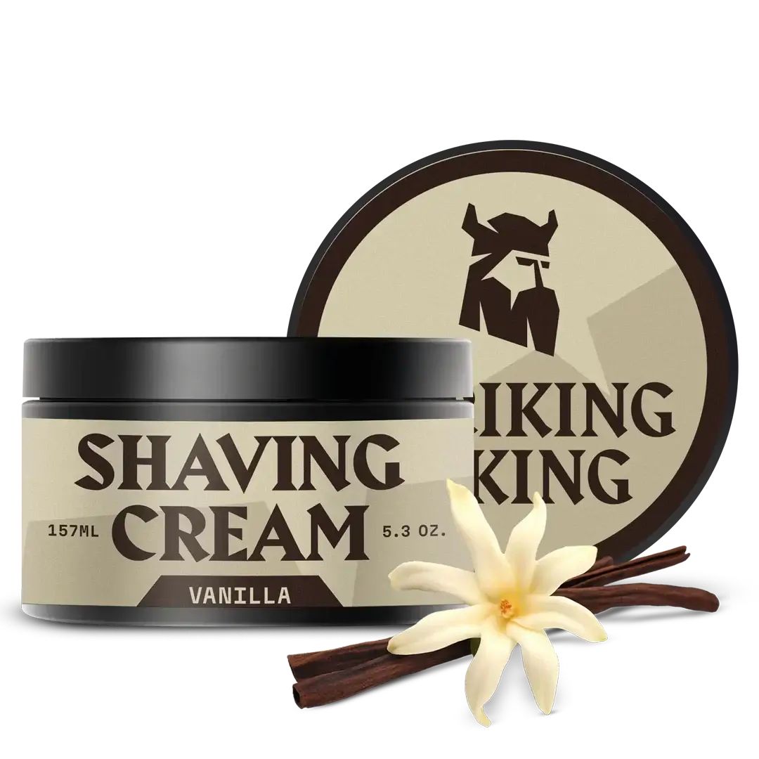 Pot de crème à raser avec couvercle, texte "SHAVING CREAM", fleur de vanille et bâtonnets. Inscription "VIKING KING".