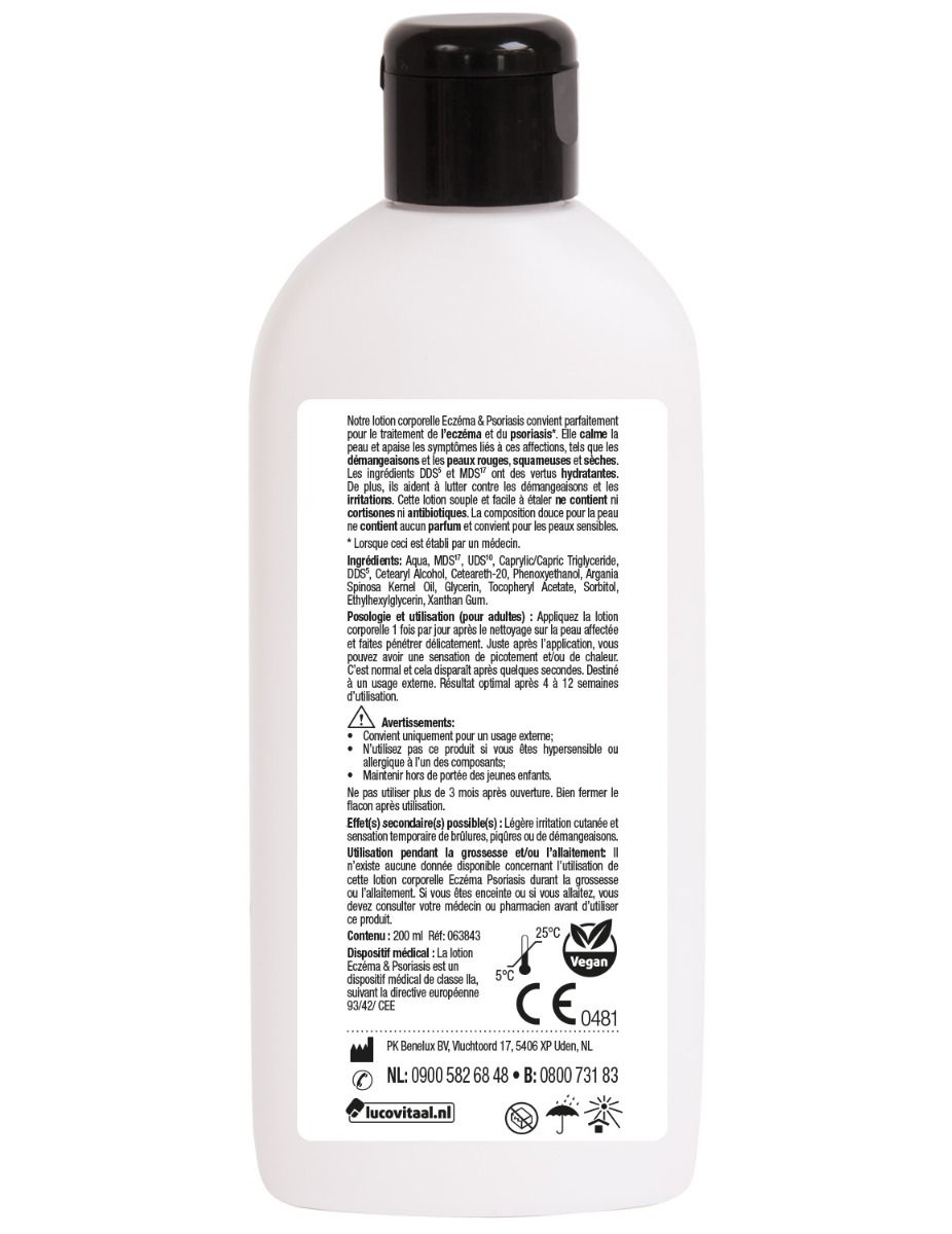 Dos d'un flacon blanc, bouchon noir. Texte avec ingrédients et instructions d'utilisation. Sceau végétalien.