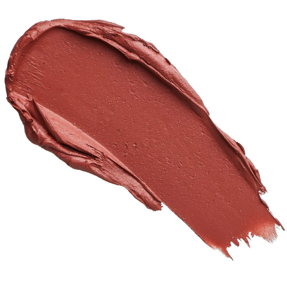 Échantillon de rouge à lèvres, couleur rose-brun. Texture crémeuse. Sur fond blanc.