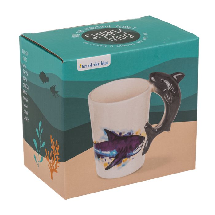 Beker OOTB Squalo. Witte beker met haai-handvat en haai-decor. Verpakking met logo.