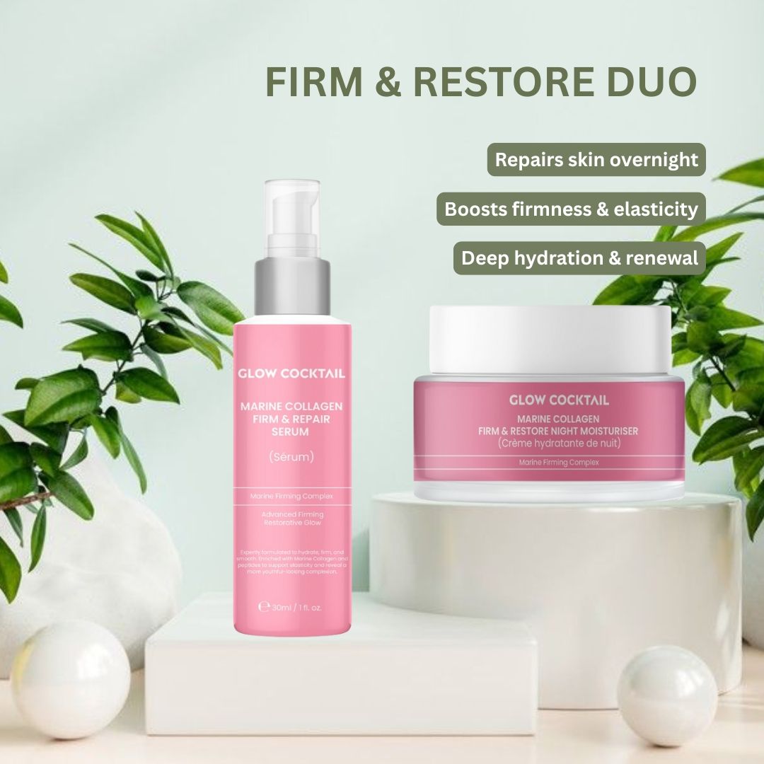 Glow Cocktail nachtset op sokkel. Pompflacon en pot. Tekst: Marine Collagen Firm & Repair Serum en Night Moisturizer.