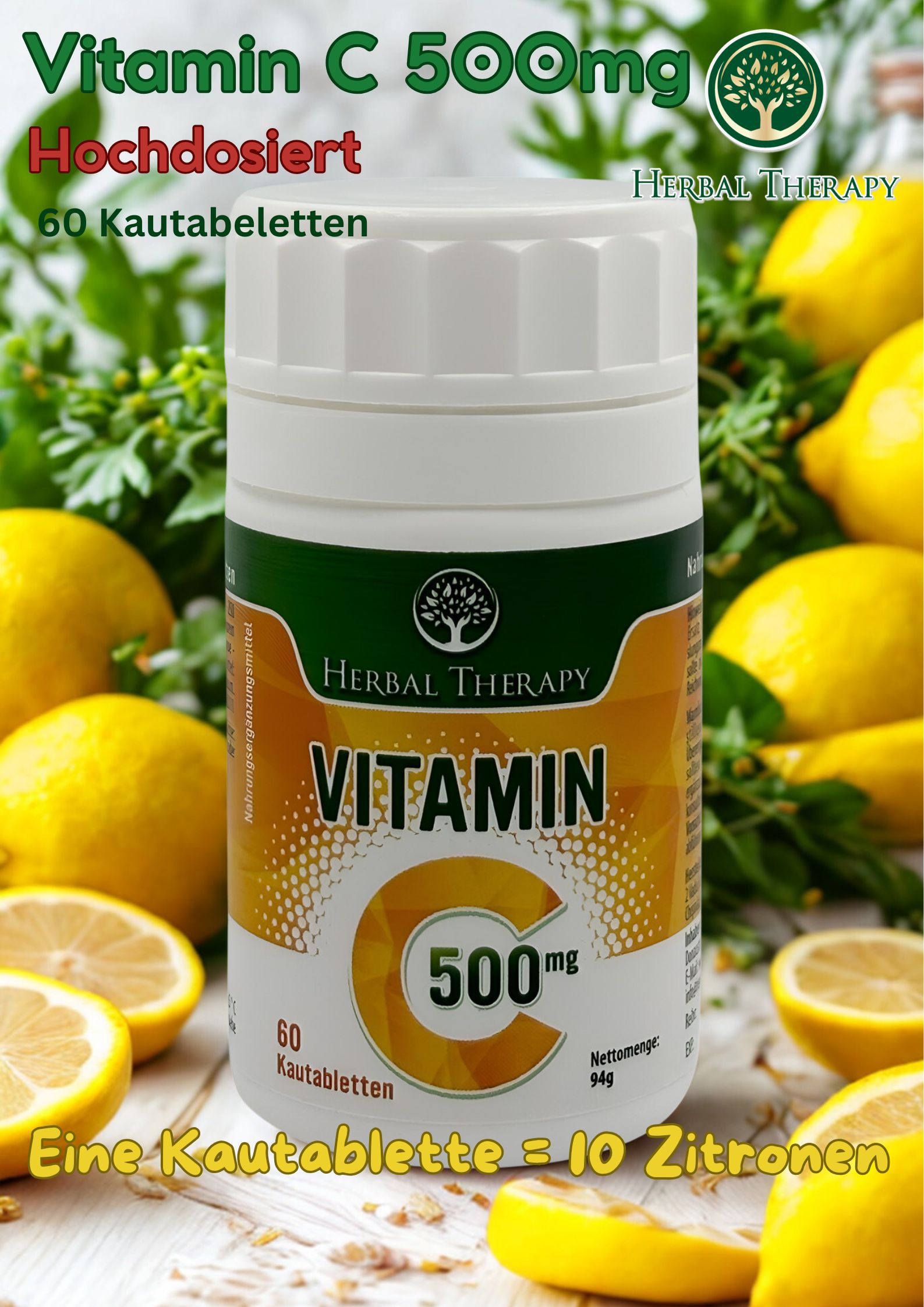 Productafbeelding met fles en citroenen. Tekst: Vitamine C 500mg, hoog gedoseerd, 60 kauwtabletten. Eén tablet = 10 citroenen.