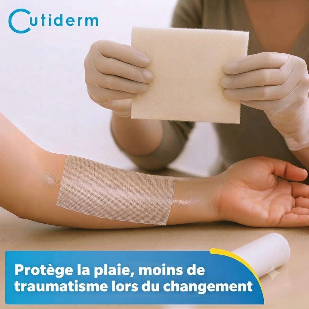 Une personne portant des gants tient un pansement rectangulaire de couleur claire. Un pansement similaire est appliqué sur un avant-bras.