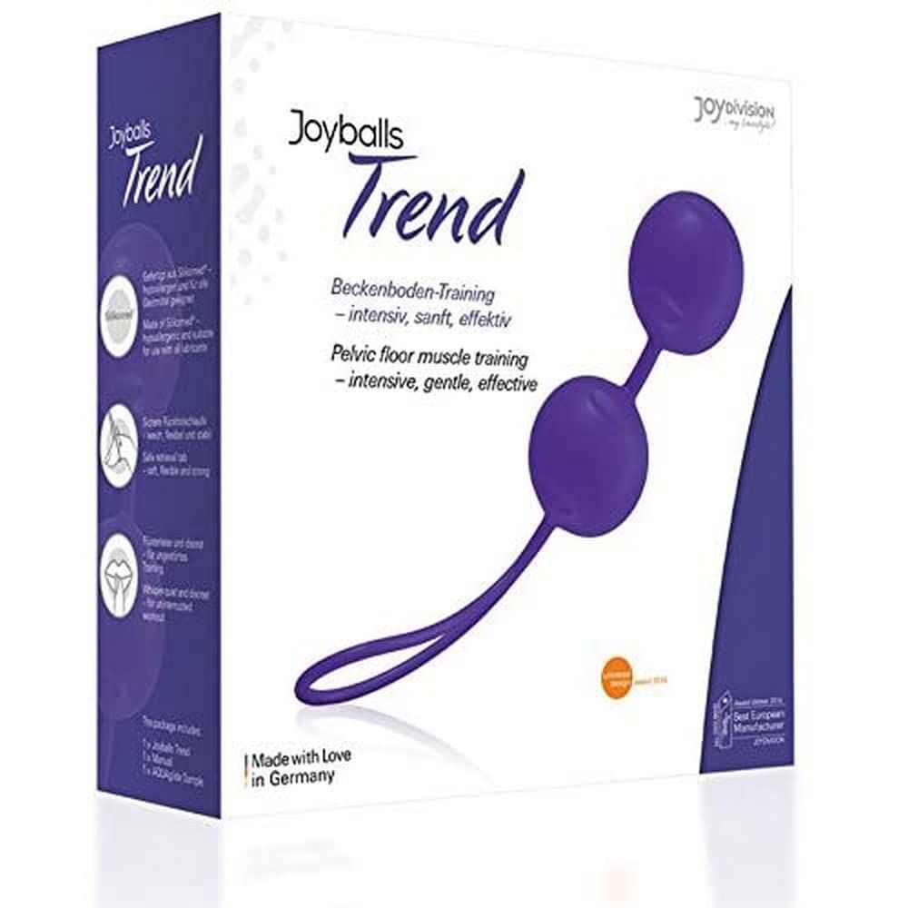Verpakking voor Joyballs Trend bekkenbodemtrainer. Paarse ballen met terughaalkoord op witte doos.