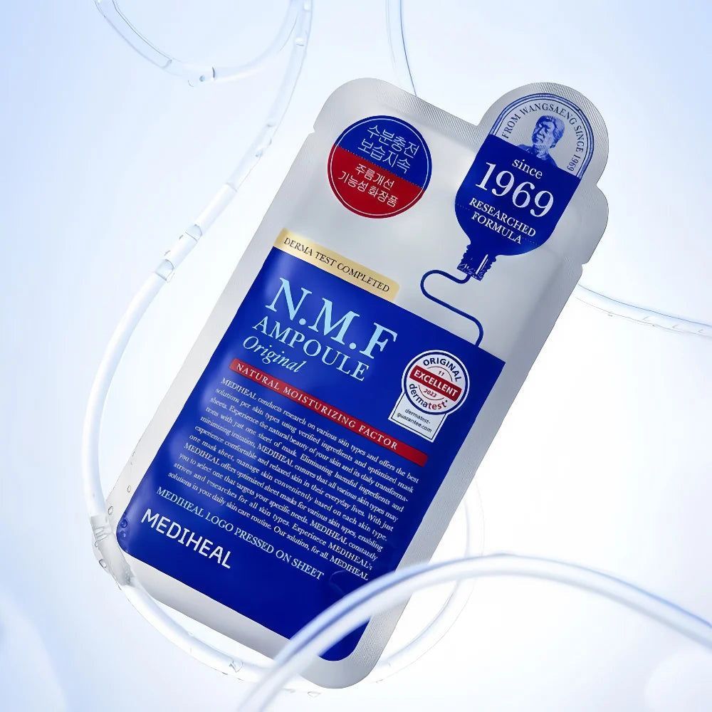 Masque en tissu MEDIHEAL N.M.F Ampoule Original. Emballage blanc avec texte bleu. Nom du produit et logo visibles.