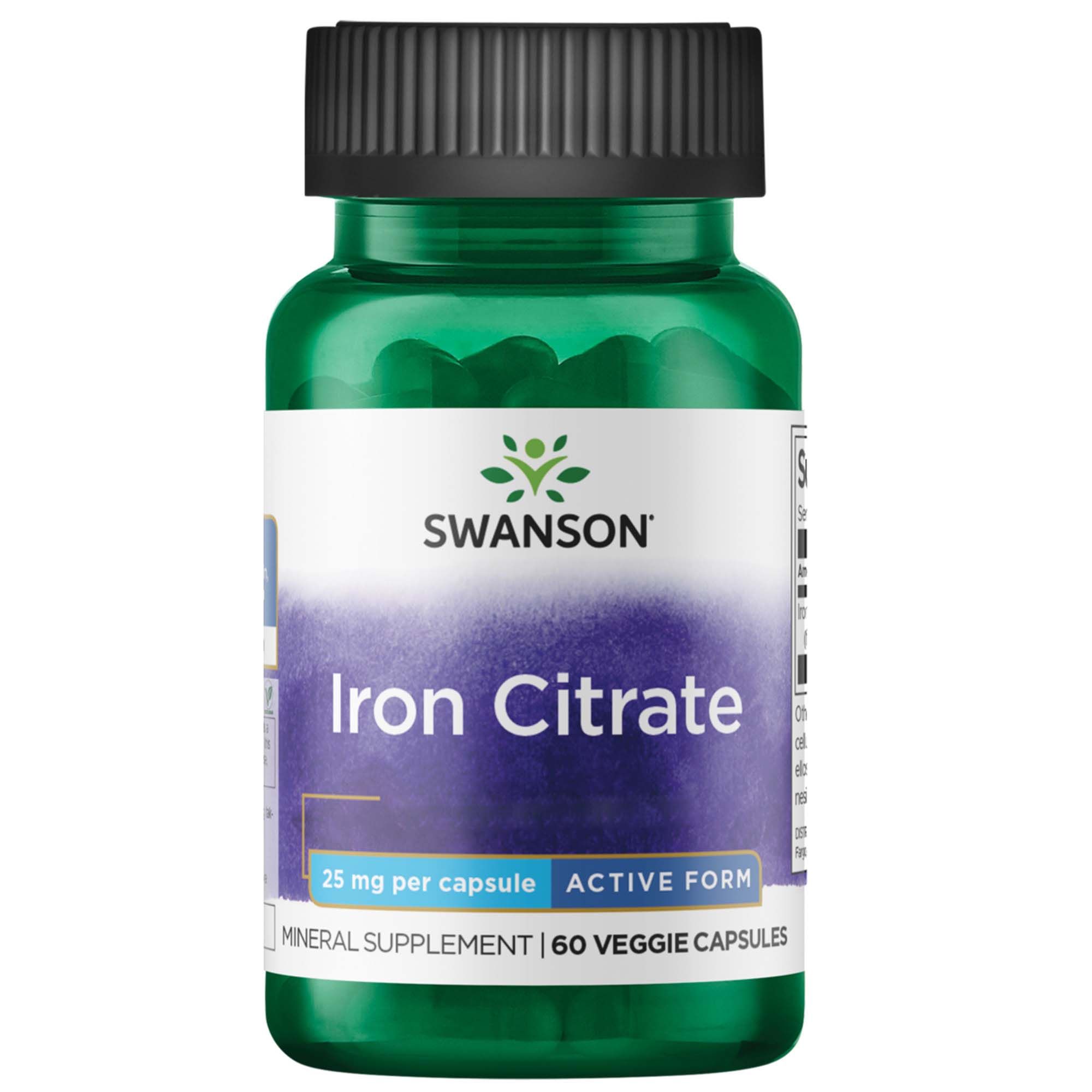 Groene fles met zwarte dop. Opschrift: SWANSON Iron Citrate. Bevat 60 veggie capsules. 25 mg per capsule.