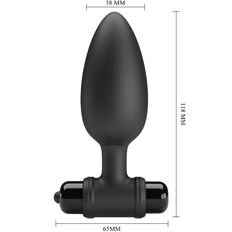 Zwarte vibrerende anale plug met brede basis en bedieningselementen. Glad oppervlak, ergonomische vorm.