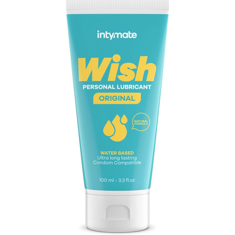 Turquoise tube met "Wish" en "intymate" tekst. "Original" en "Natural Formula" zijn ook zichtbaar.