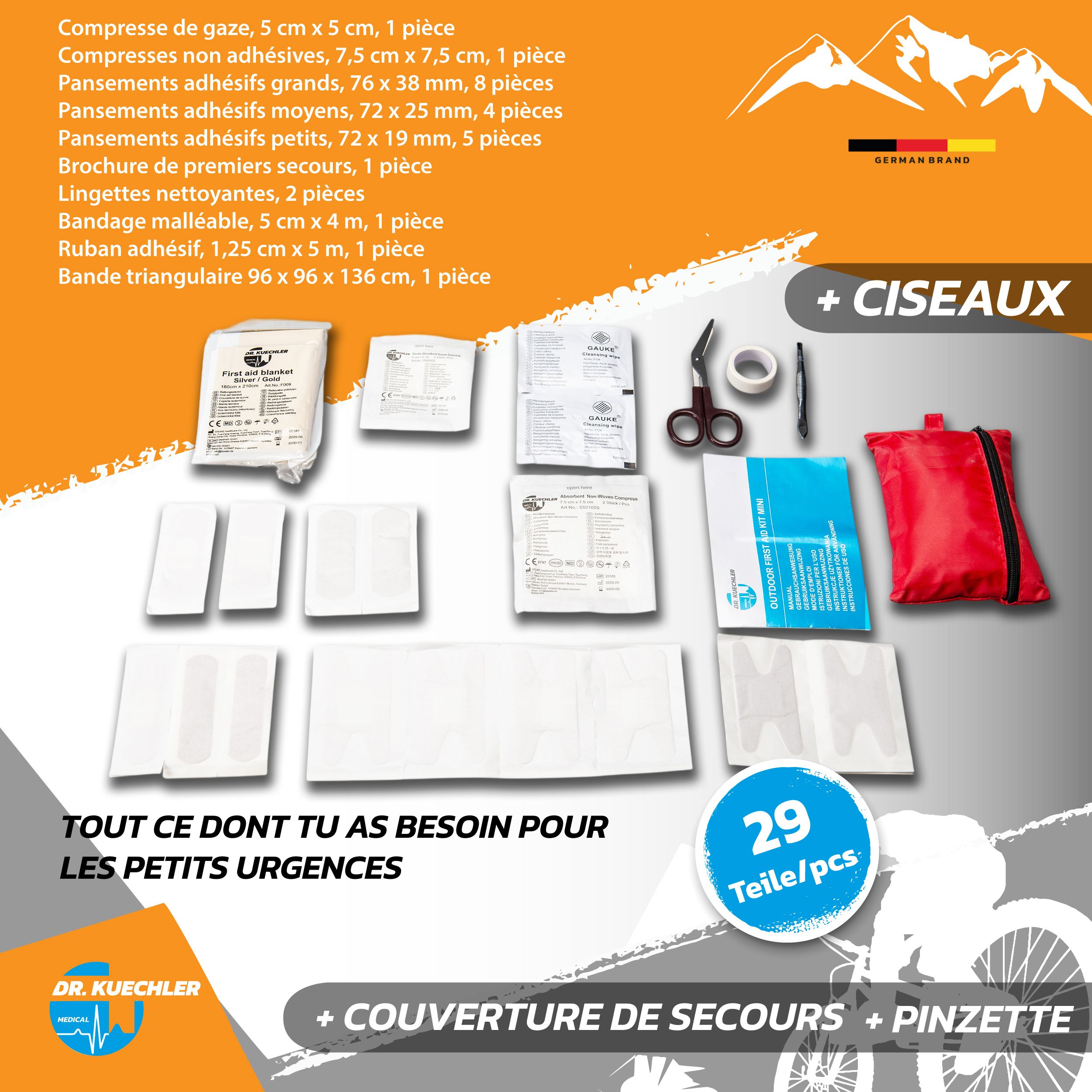 Trousse de premiers secours rouge, 15x10x3 cm. Impression : First Aid Kit Mini. Fermeture éclair noire. Dimensions.