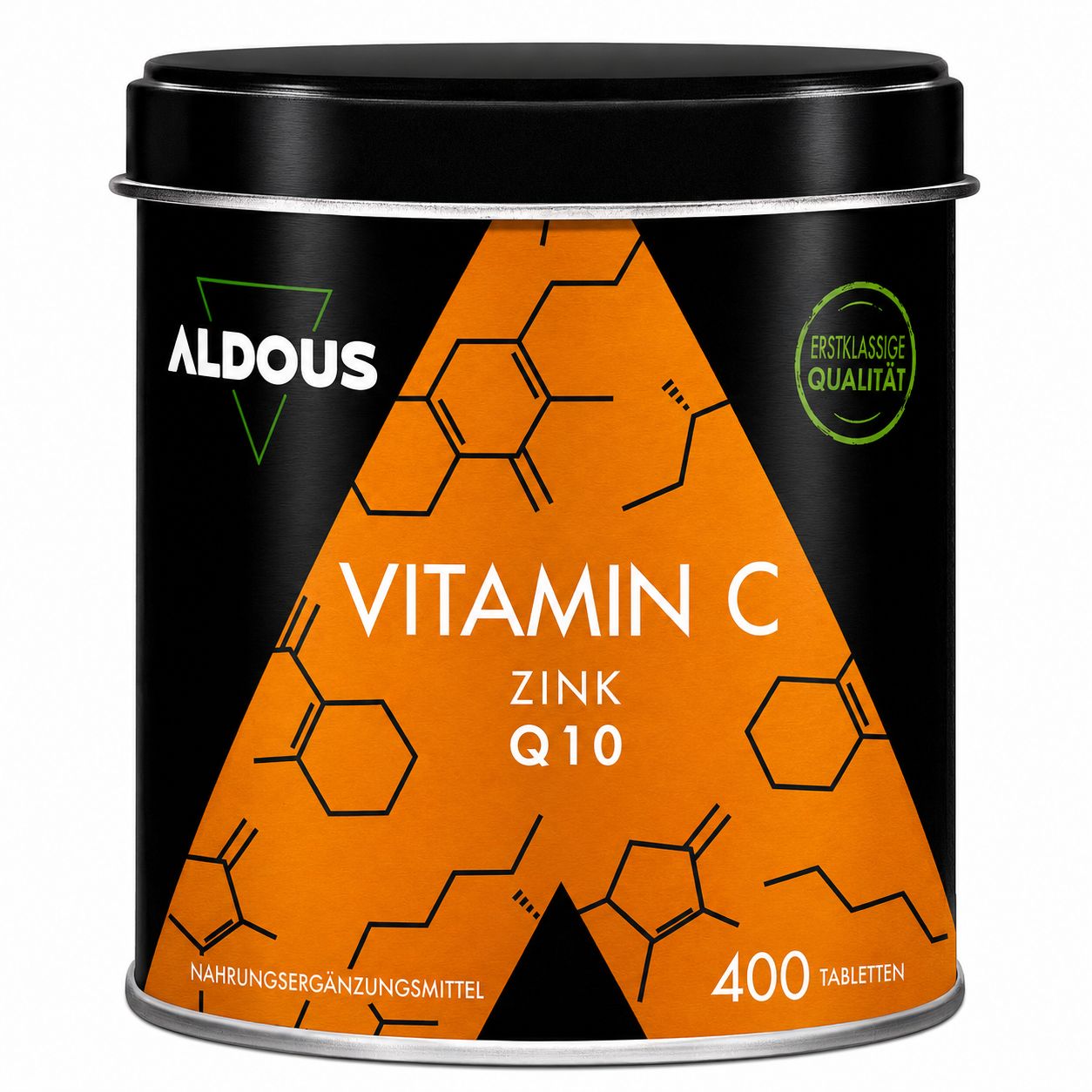Aldous Vitamine C blik met 400 tabletten, zink en Q10. Oranje opdruk met chemische structuren.