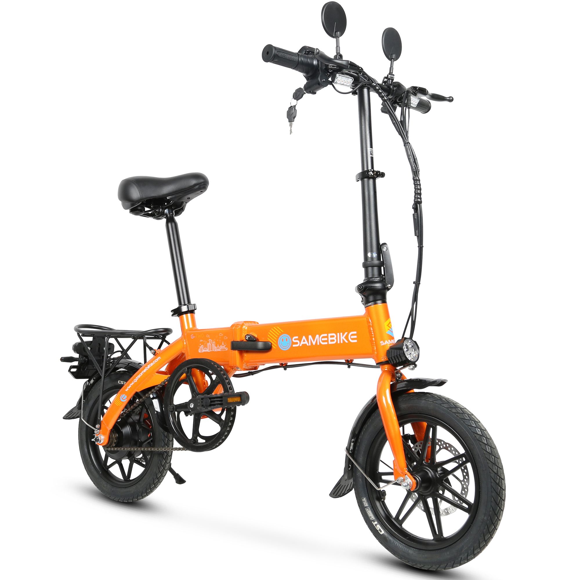 Vélo électrique pliable orange avec éléments noirs. Marque SAMEBIKE.
