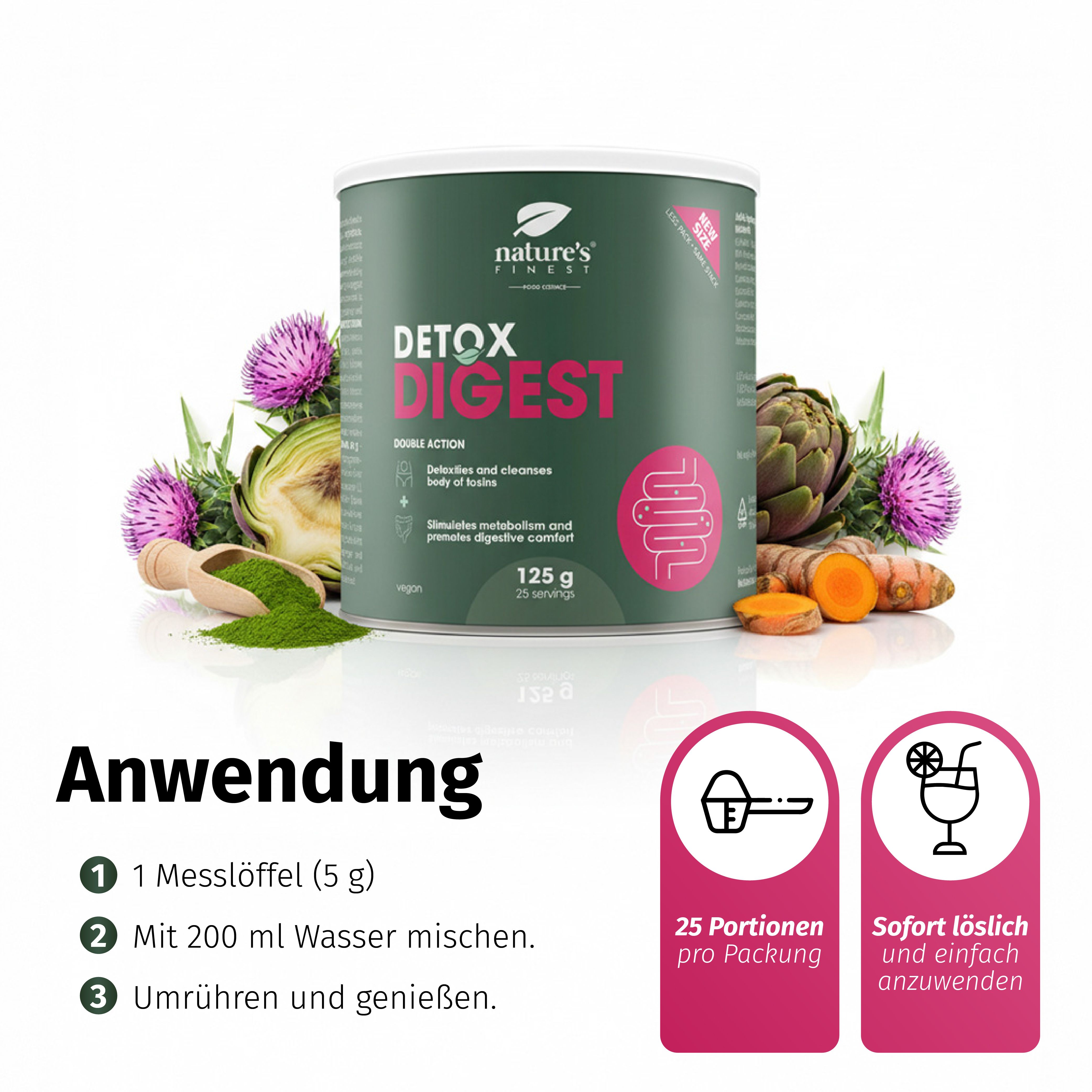 Blik Detox Digest met schepje en glas, toont bereiding en 25 porties.