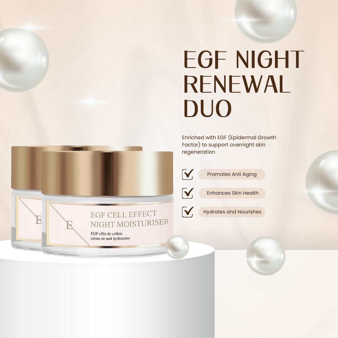 Deux pots de crème hydratante de nuit sur un piédestal. Texte : EGF Night Renewal Duo. Avantages : anti-âge, santé de la peau, hydratation.