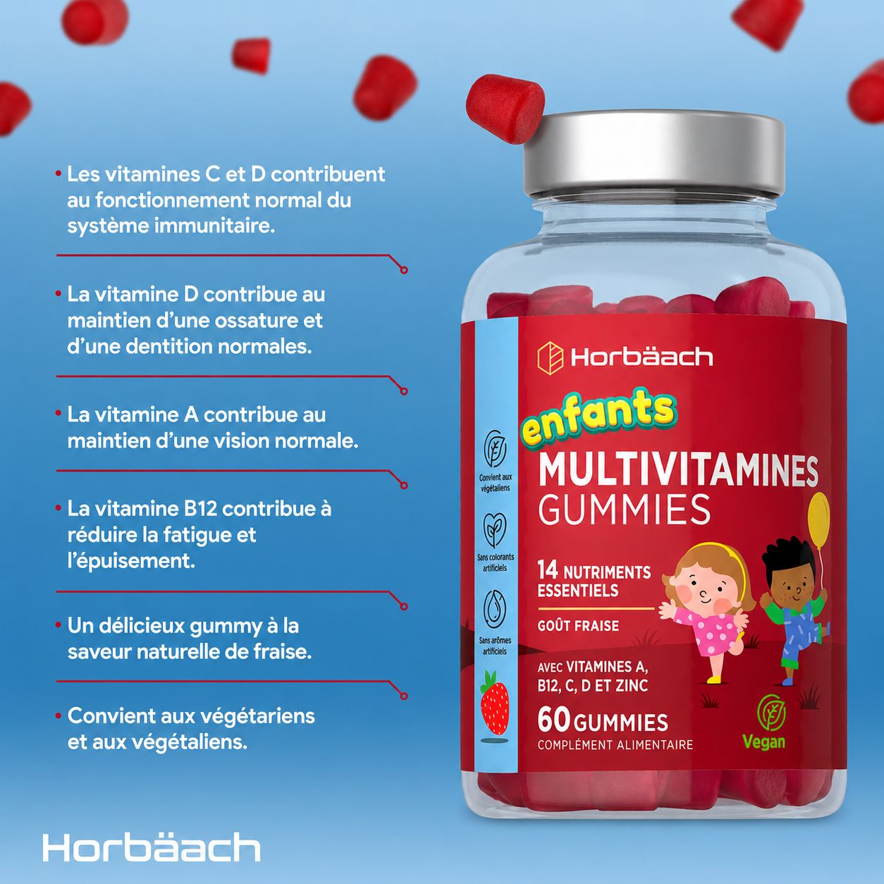 Bouteille de 60 gommes multivitaminées rouges pour enfants Horbaach, saveur fraise.